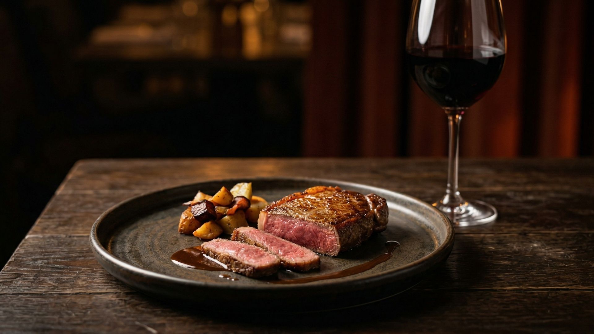 Perfekt zubereitetes Wagyu Steak mit Beilagen und Rotwein