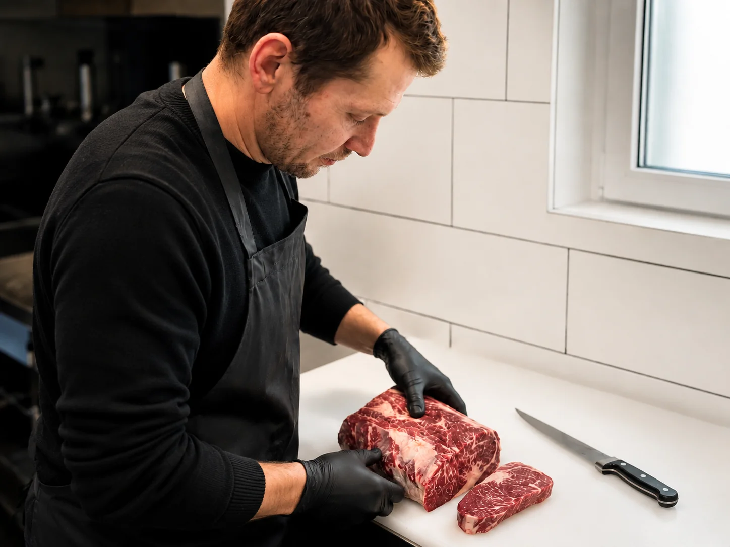 WAllgäu Wagyu Andi in der Metzgerei bei der Zerlegung von Wagyu-Fleisch