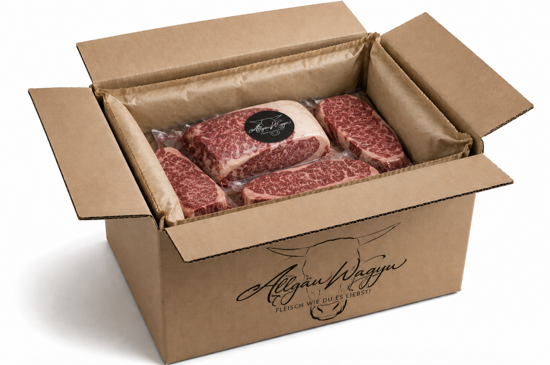 Vakuumierte Allgäu Wagyu Steaks sicher verpackt im Versandkarton mit paperfloc Isolierung